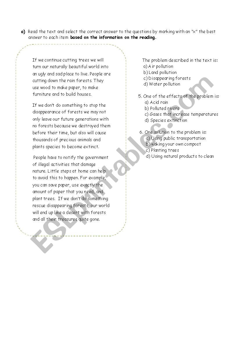 Reading Comprehension Sheet about the Causes, Effects and Solutions of Deforestation Reading Comprehension Sheet about the Causes, Effects and Solutions of Deforestation